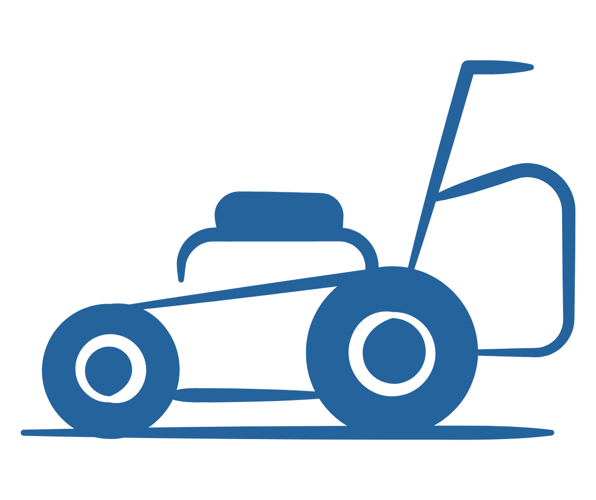 A blue line drawing of a lawn mower with large rear wheels, a handle, a grass collection bag, and a small front wheel.