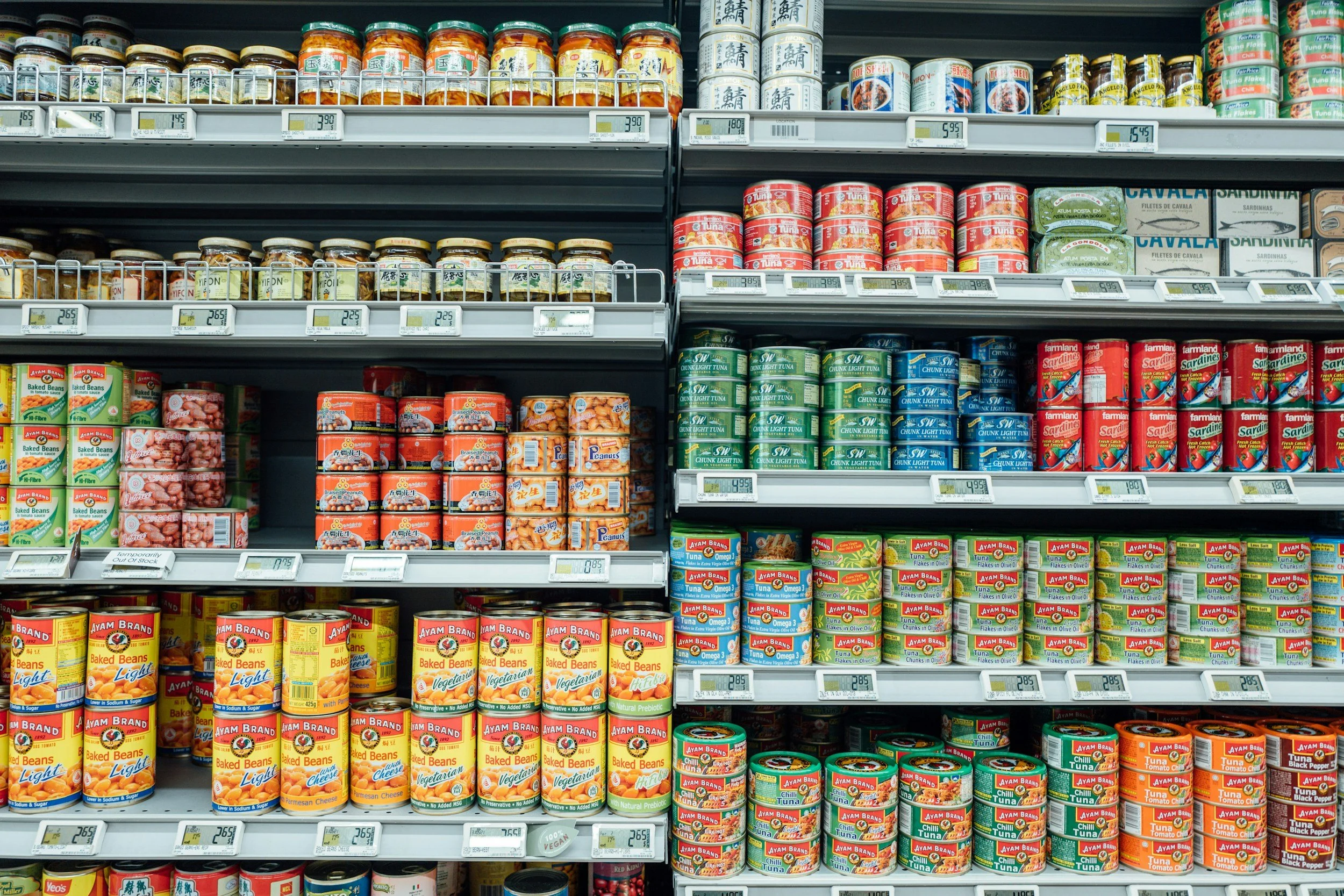 Easy meal ingredients including eggs, frozen vegetables, rice and tinned beans for a stressful week