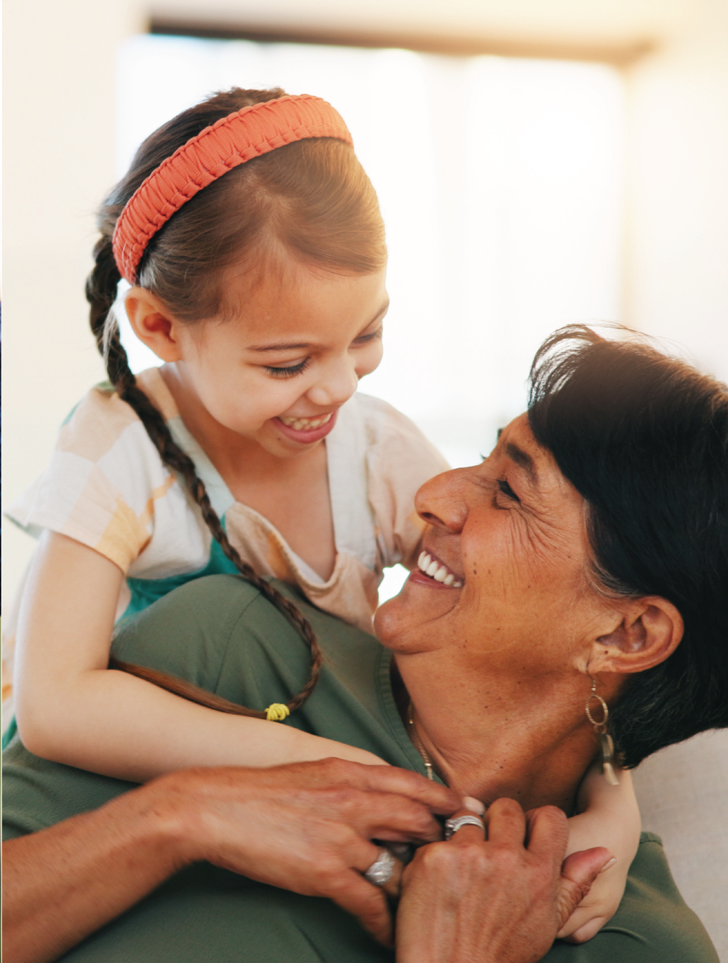 Home, relax and hug with grandmother, girl and happiness with weekend break, embrace and bonding together. Old woman, senior person and child with joy, conversation or support with love, care and kid
