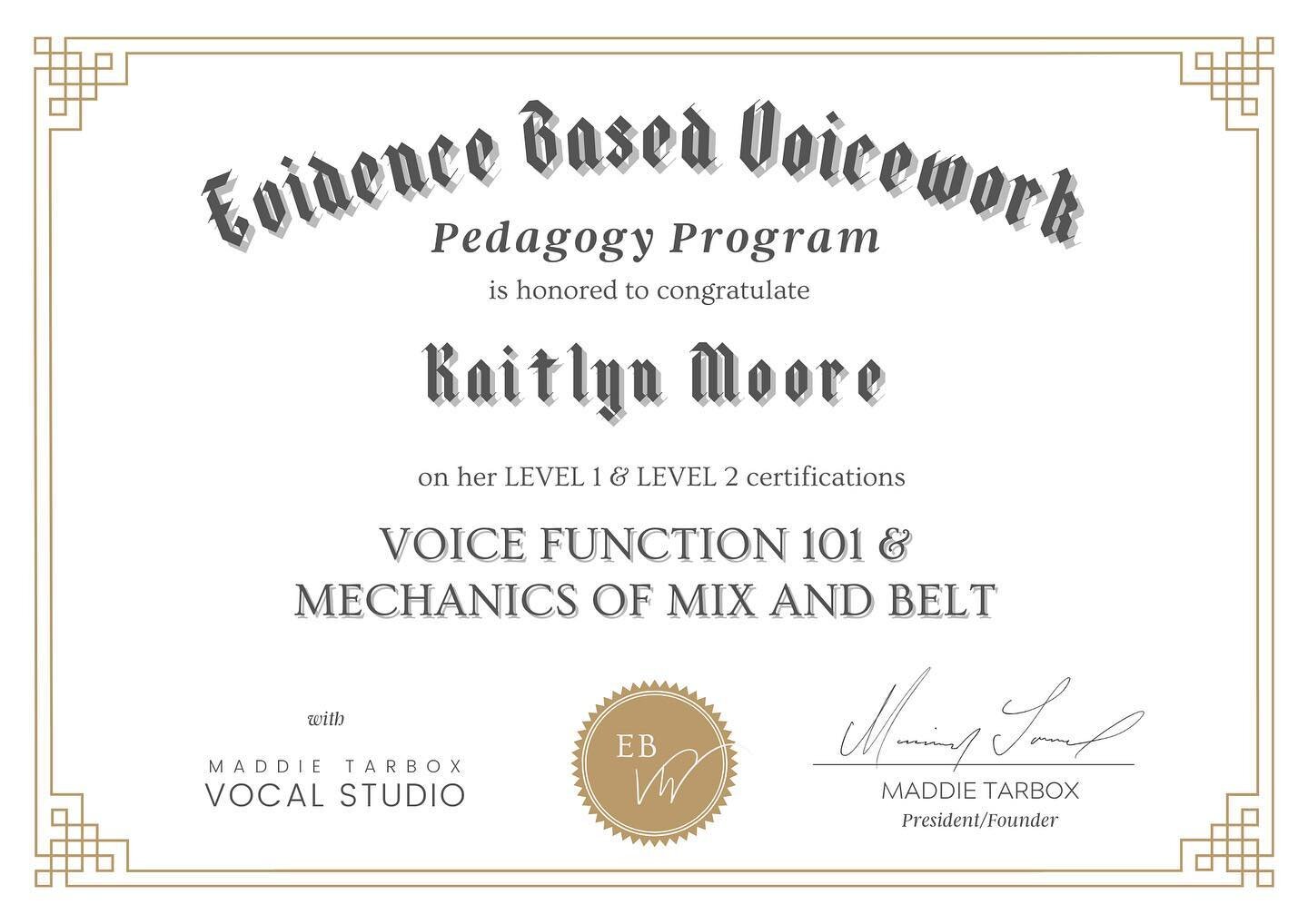 Officially official!! 🤩

So grateful for VF101 and Mechanics of Mix &amp; Belt, our magical cohort, and the beautiful and AMAZING Evidence Based Voice Specialist, Maddie Tarbox. Y&rsquo;all know how much I LOVE voice science and this was everything 