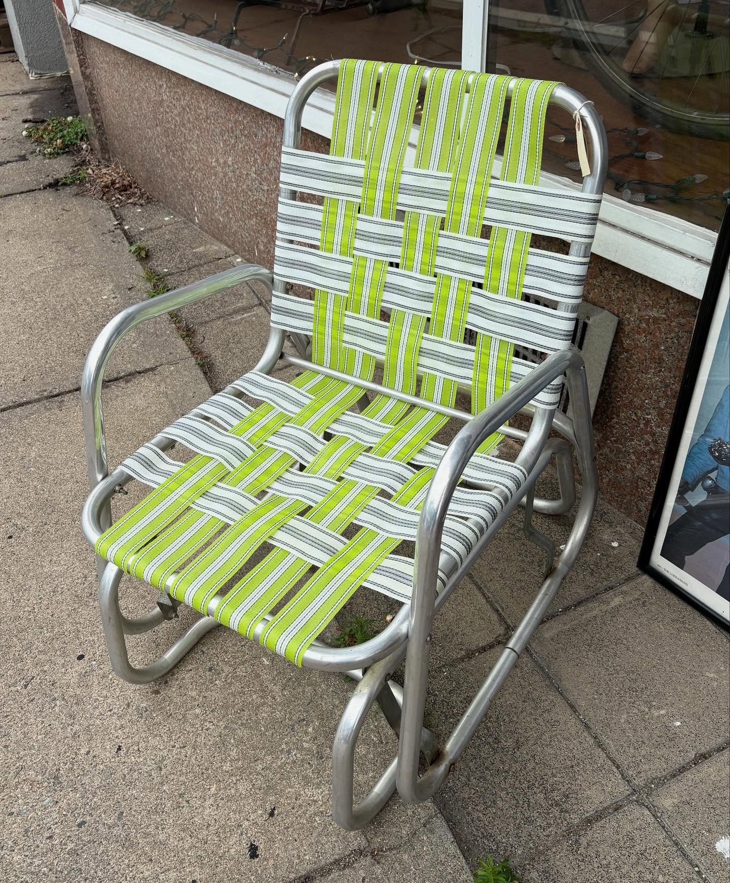 We just finished redoing the webbing and replacing hardware on this single #aluminumglider. It's from American Aluminum Furniture and likely dates to the #1940s or early #1950s. $55 out front today. We are working on a second for which we will use or