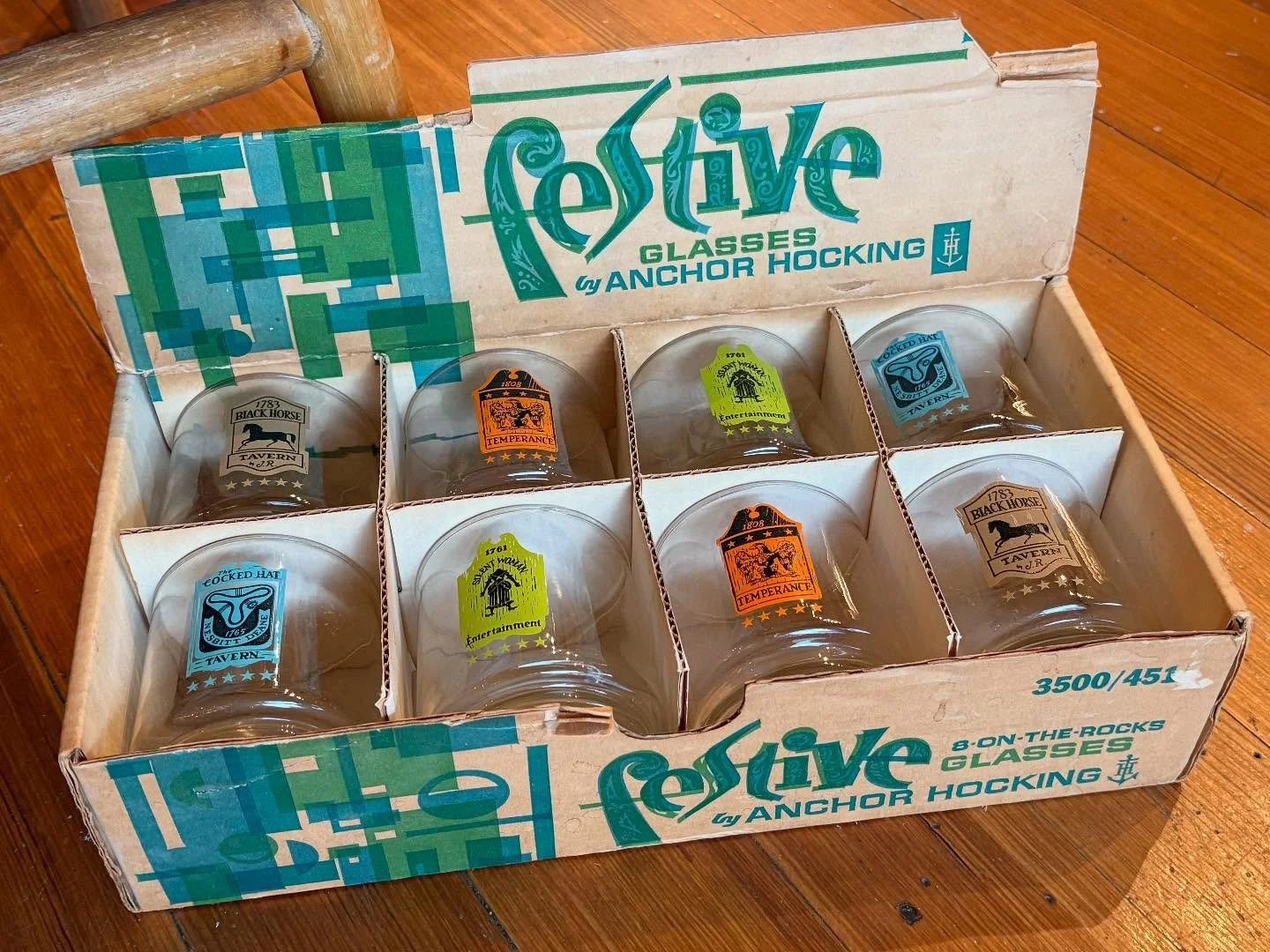 Incredible circa #1960s #anchorhocking FESTIVE #vintagerocksglasses - eight(8) in original box. Motif is old tavern signs but in super fun mod colors of orange, turquoise, brown and chartreuse! $35/set in the shop today!