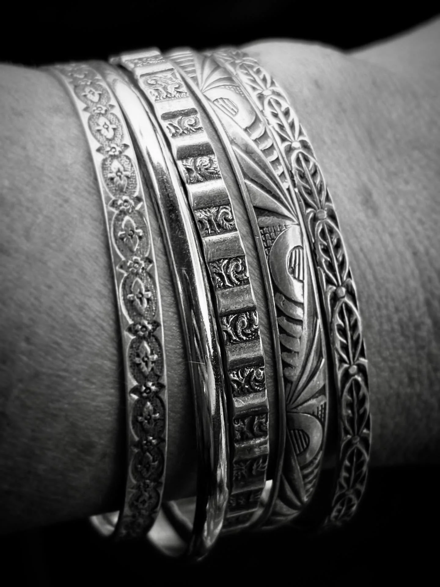 I collect vintage #danecraft sterling bangles.  The first - the art deco one - I bought at @studiohop.ri 30 years ago! The latest - far left - I bought from @warrenexchange last Sunday.