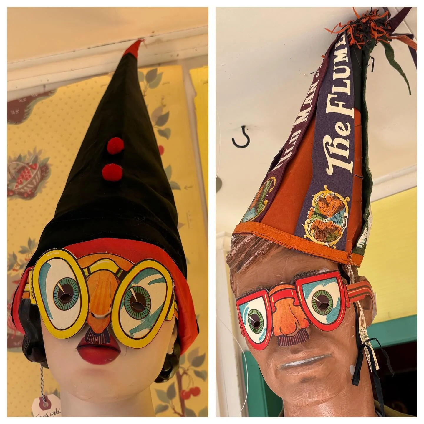 #1950s deadstock cardboard goggle masks $2 each or (3) for $5.  I have fewer of the green than the other four designs. Cornelia's hat is a circa 1920's witch hat with Pom poms added later; $38.  Dave's hat is a series of 1930's New Hampshire pennants