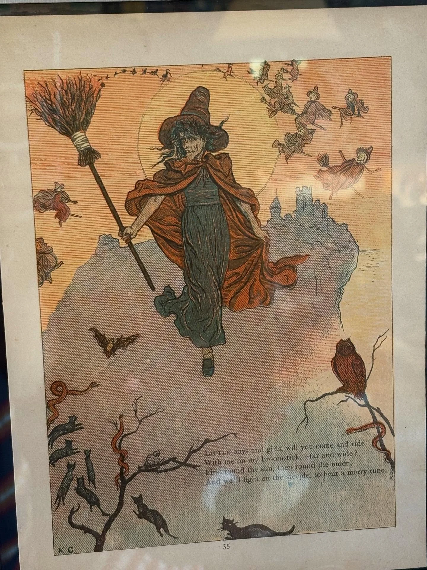 This incredible lithographed  illustration of witches flying on broomsticks, black cats, bats and an owl was included as page 35 of the first editions of #kategreenaway 19th century Under The Window. It was omitted from later editions.  We found it i