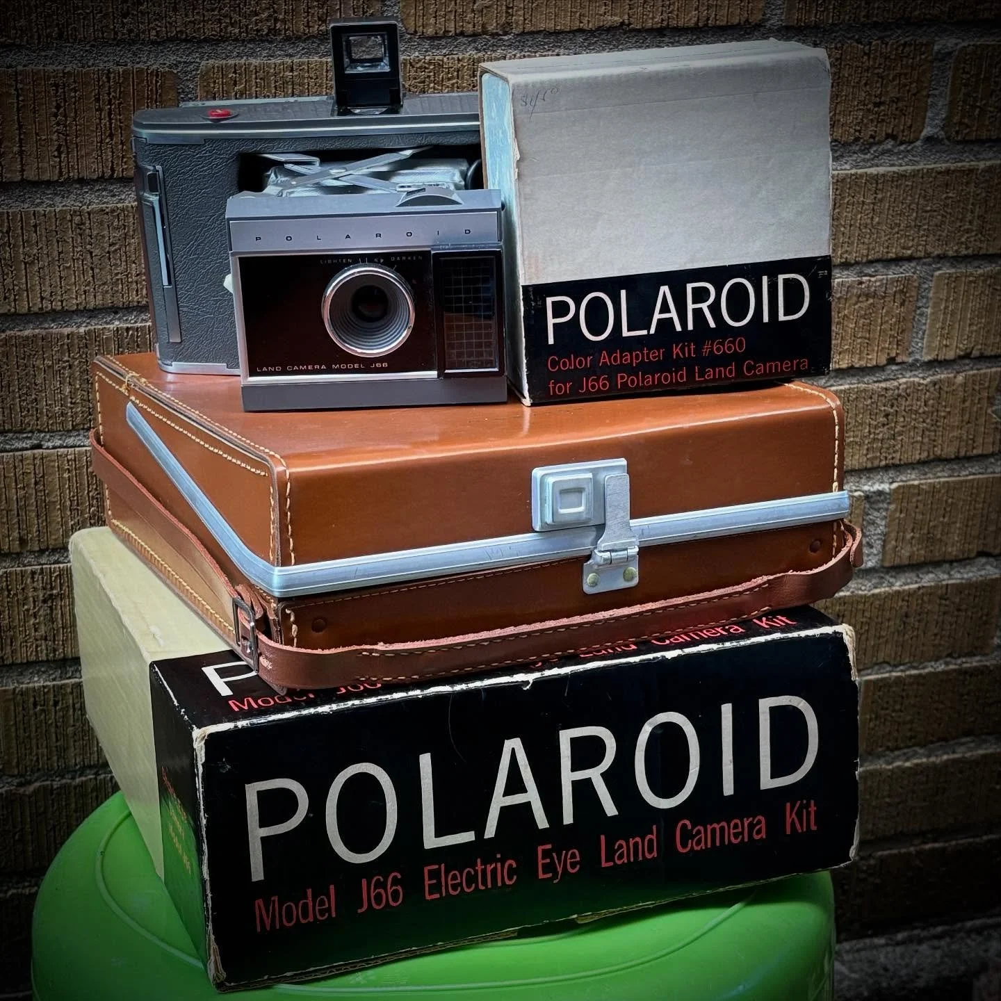 Great #polaroid collector set!  Minty #polaroidj66landcamera in case and original box with manuals and color adaptor kit.  Can't be used as originally intended but great for display, study, or use with modification. $30/all!