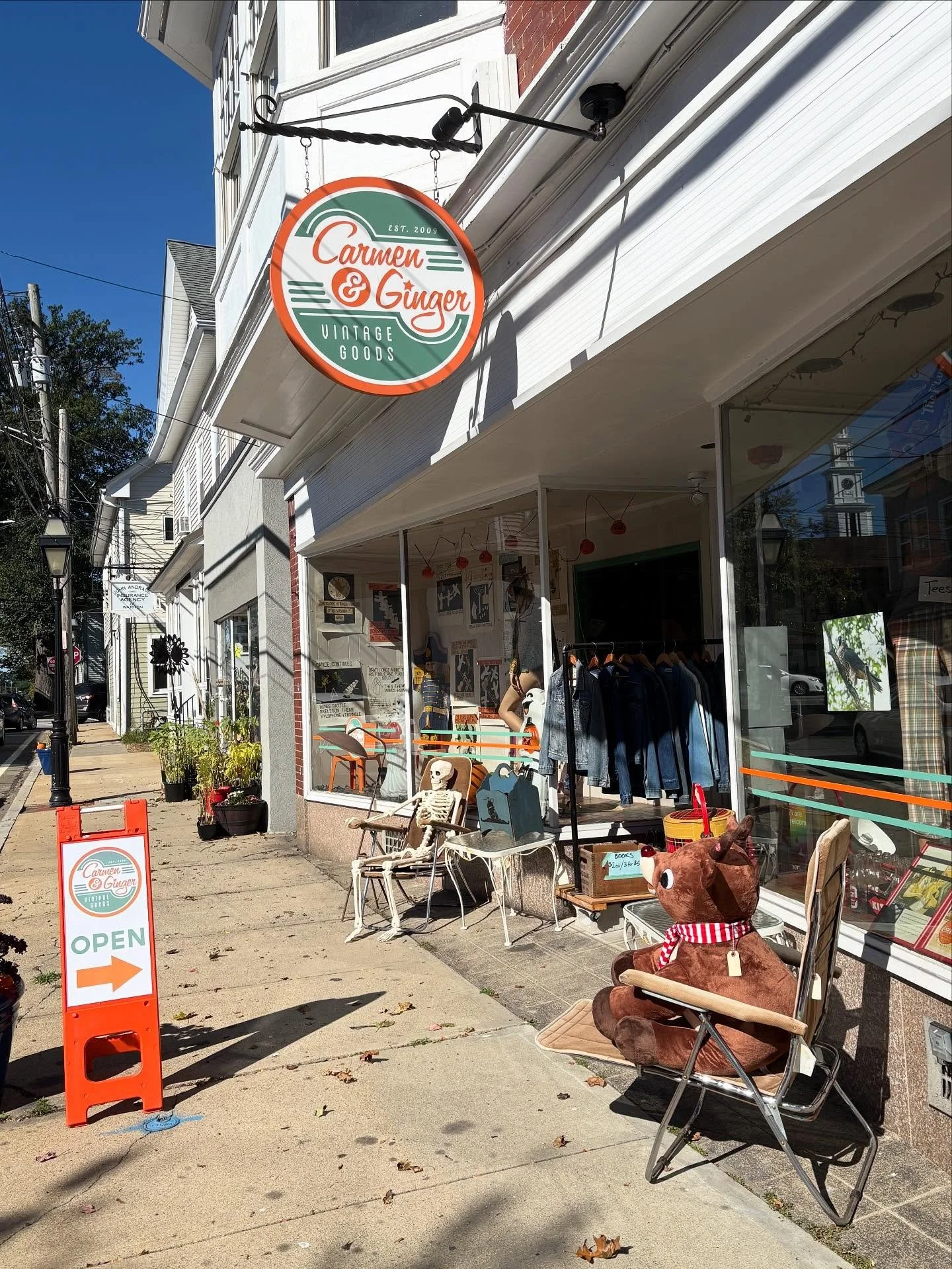 It's a beautiful autumn day!  Mr. Bones is lounging in the sun on one of the #1970s Italian chairs we just marked down to $165/pair. 50th anniversary Rudolph ($45) is lounging in the other.  We are all gearing up for Sunday's first walkabout. Forecas