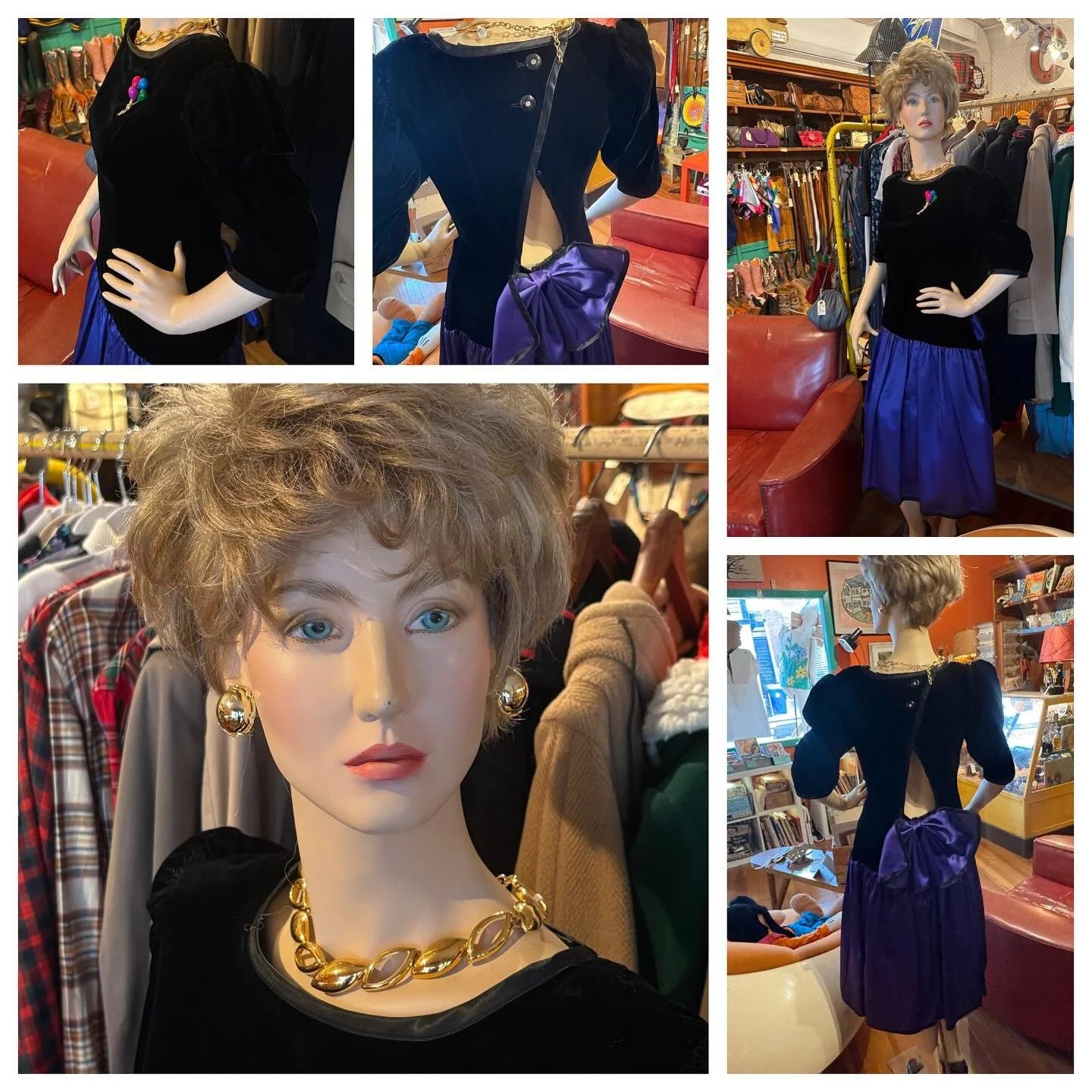 It's 1988. She's going to her husband's work party and she'll be damned if SHEILA looks better than her this year!  The most iconic 1980's dress:

✔️black velvet
✔️contrasting neon color
✔️drop waist
✔️shoulder pads
✔️big bow
✔️asymmetry in the desig