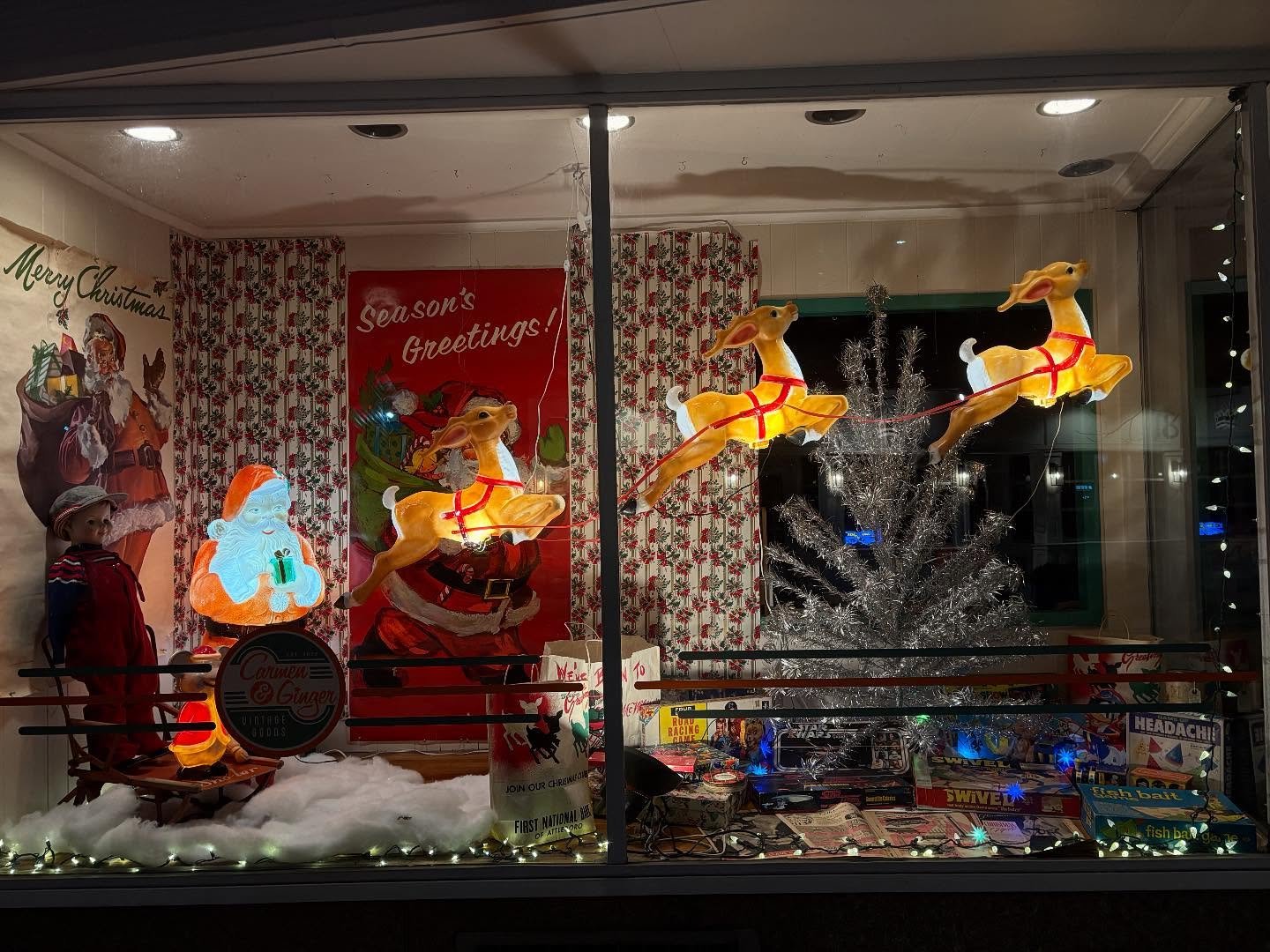 New Christmas window up! We returned to Santa and the reindeer because they look so good! No; blow molds are not for sale. No, tree is not for sale.  The vintage toys and games are for sale and we'll post a price list.  Next window coming in a week o