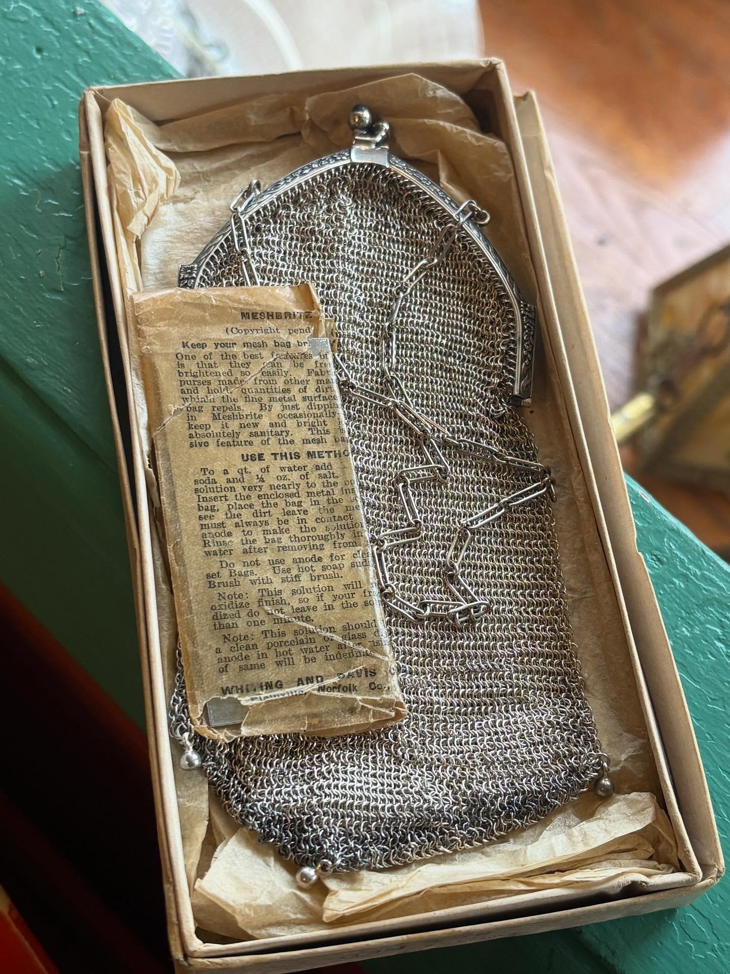 This lovely, early #sterling #whitinganddavis mesh bag came in recently.  What is especially unusual is that it includes the (stamped/branded) aluminum piece to use along with instructions, on cleaning with baking soda and salt.  I've tried this befo