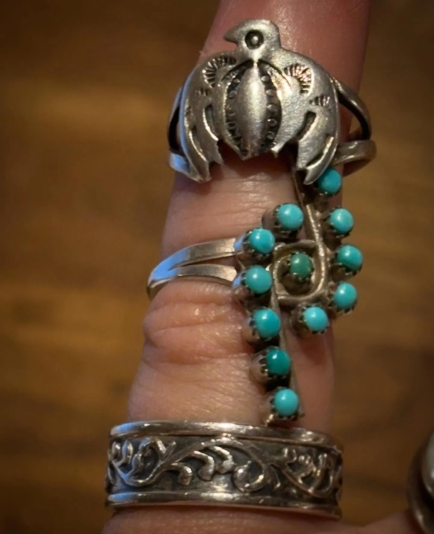 Trio of #sterling rings hit the floor today! This is my pinky; the top two are on the smaller side. #zunipetitpoint