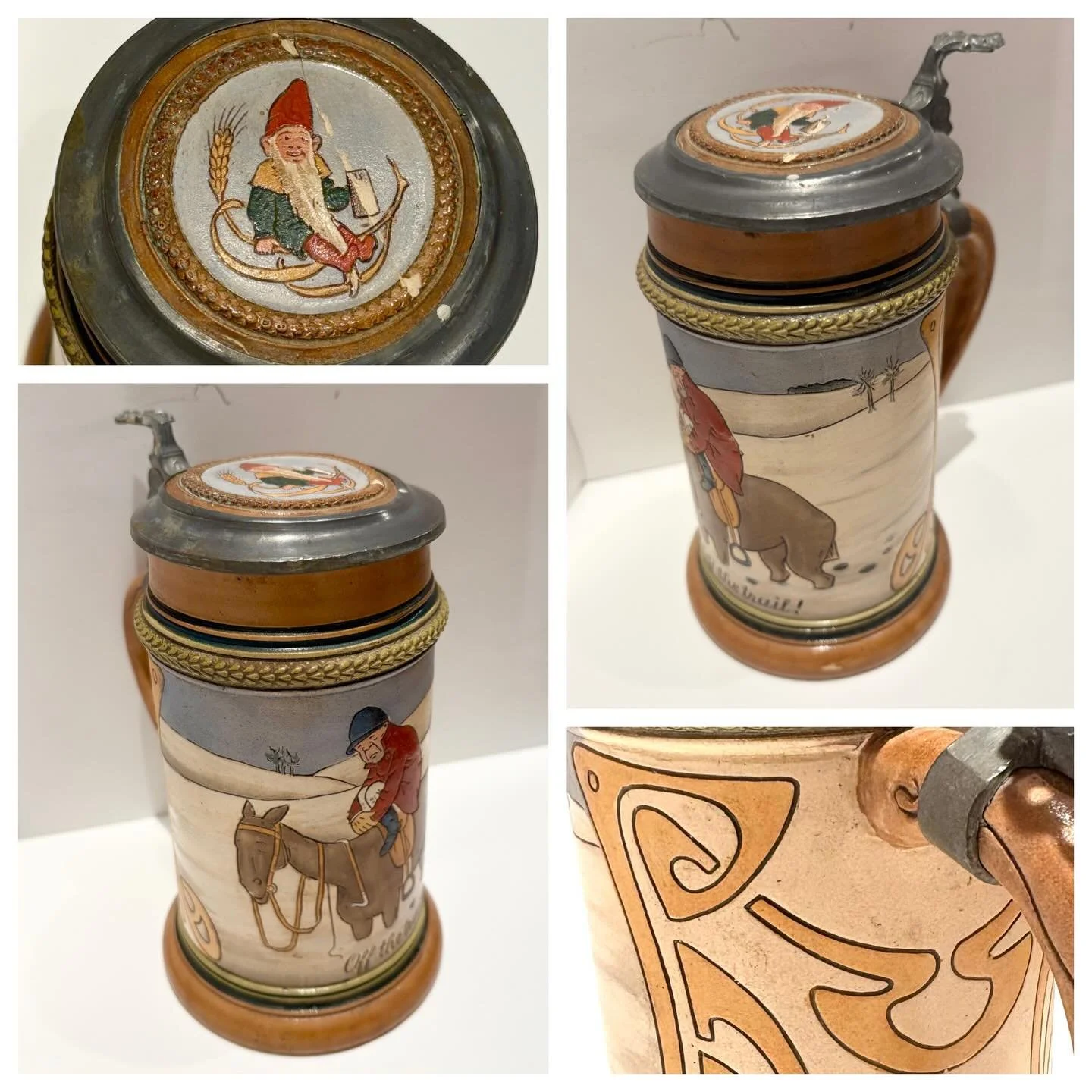 I see a LOT of #vintagesteins while thrifting and know almost nothing about steins.  I do, however, know when one looks special, and this one looked special.  It's confirmed as a #reinholdhanke "Lost Horse and Rider" stein with the words &q