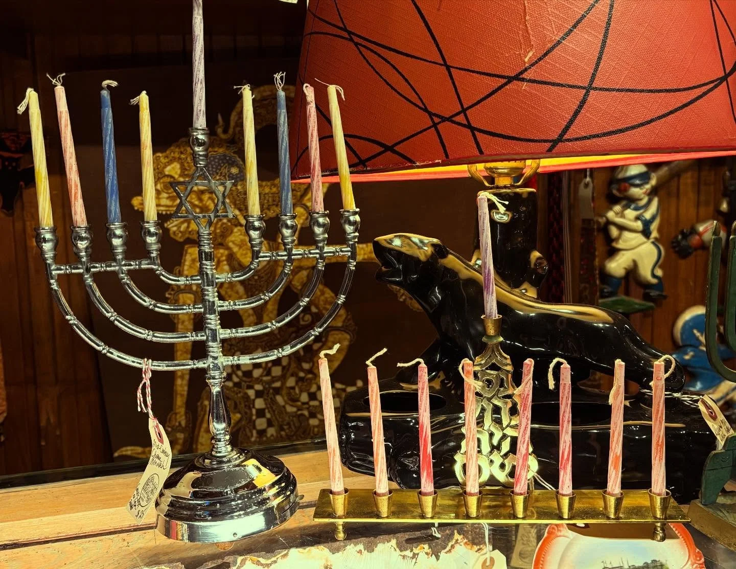 Pair of #menorah in the shop right now! One vintage brass with modernist motif; the other mid-century chrome with traditional form. $25 each; your choice.