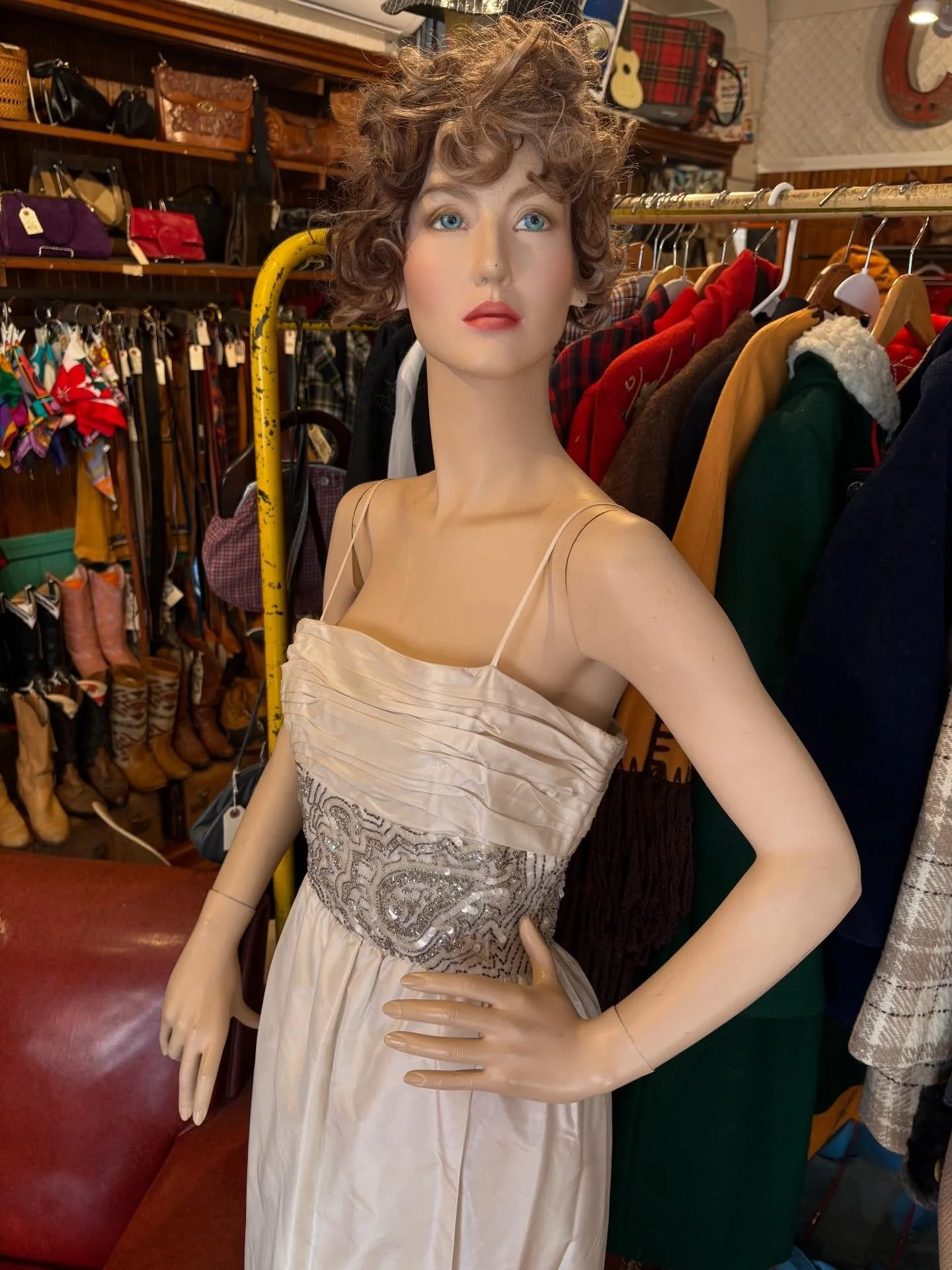 #victoriaroyaldress in the house! This 1960's #tulipdress features spaghetti straps and a beaded bodice. 26" waist and 34" bust. Some wear and discoloring under the armpits that could be banded by a professional. $85.  Added her partner's #