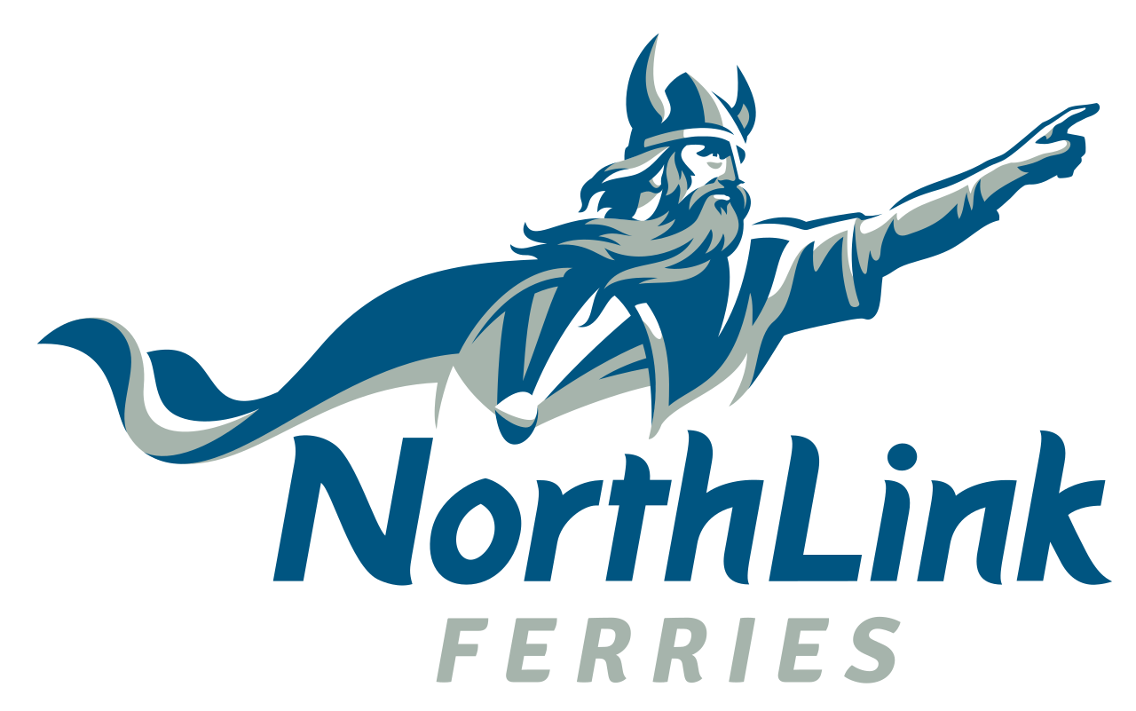 Logo of NorthLink Ferries featuring a Viking warrior with a helmet and beard, pointing forward.
