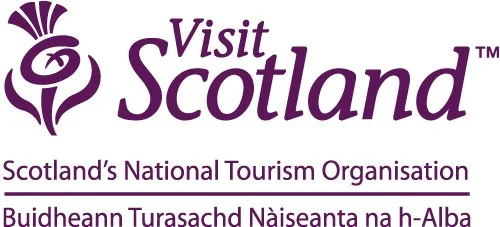Visit Scotland logo with purple text and emblem, and the tagline "Scotland's National Tourism Organisation" in purple.
