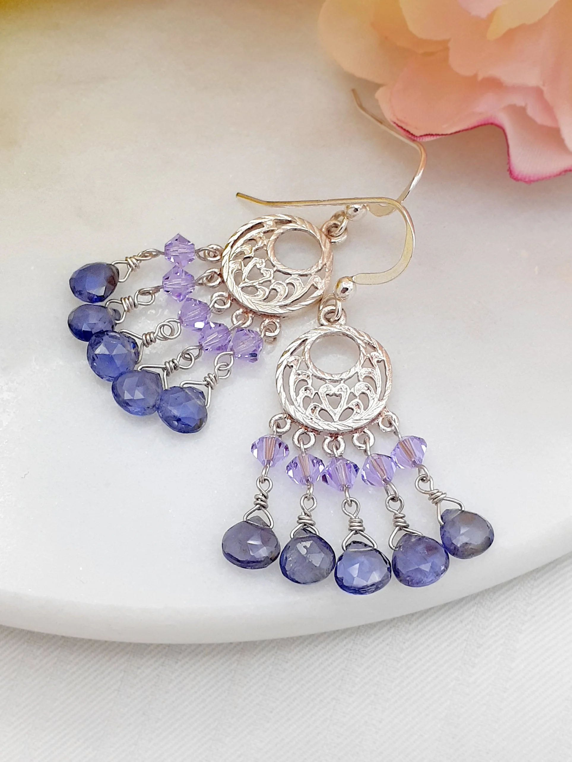 Tanzanite silver filigree chandelier earrings.jpg