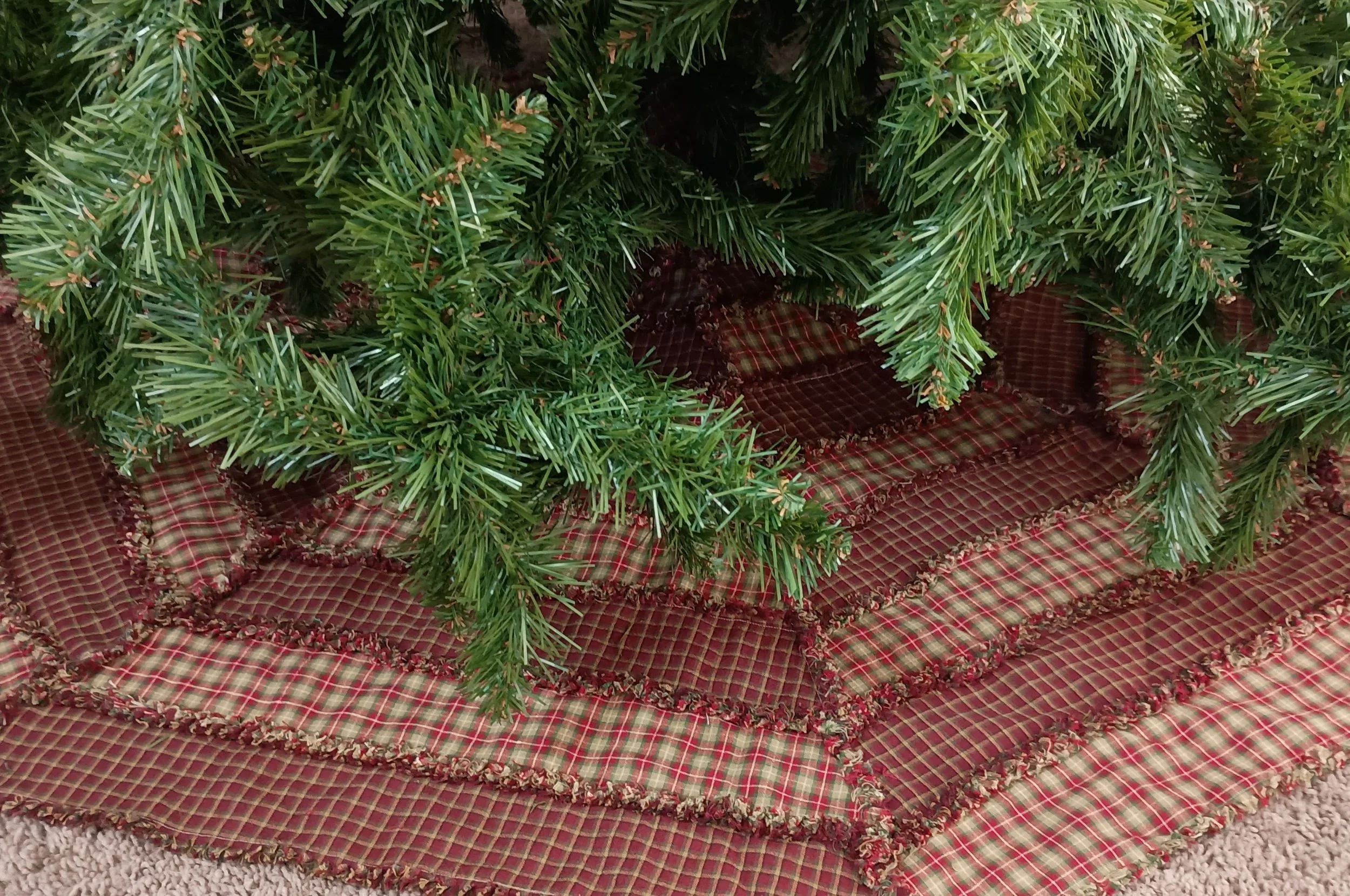 An octagon rag quilt Christmas tree skirt