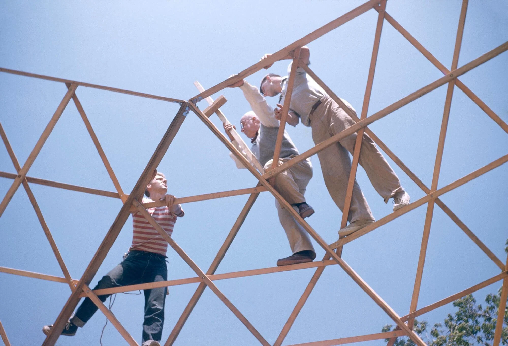 Buckminster Fuller and his grad students building the Woods Hole Dome in 1954