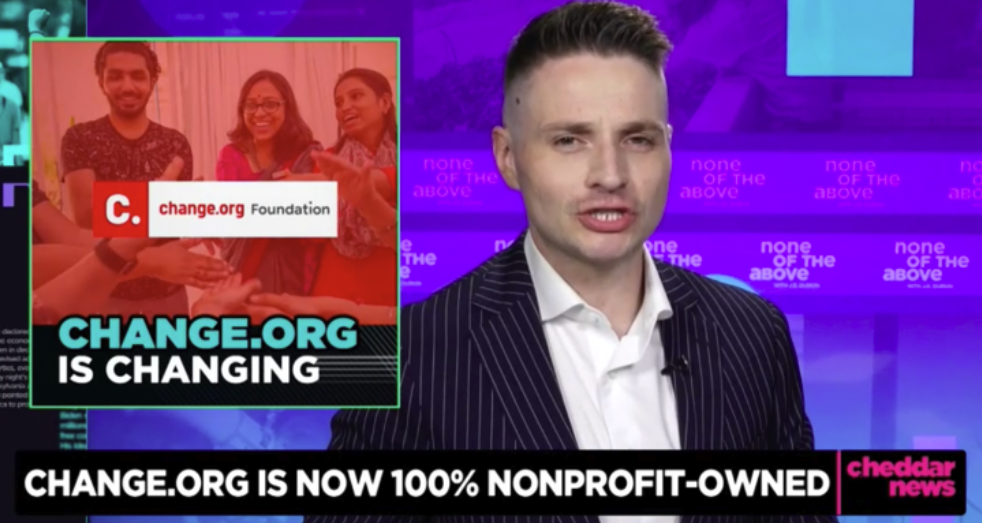 Television segment discussing Change.org becoming 100% nonprofit-owned with a presenter and an overlay image of people with Change.org branding.