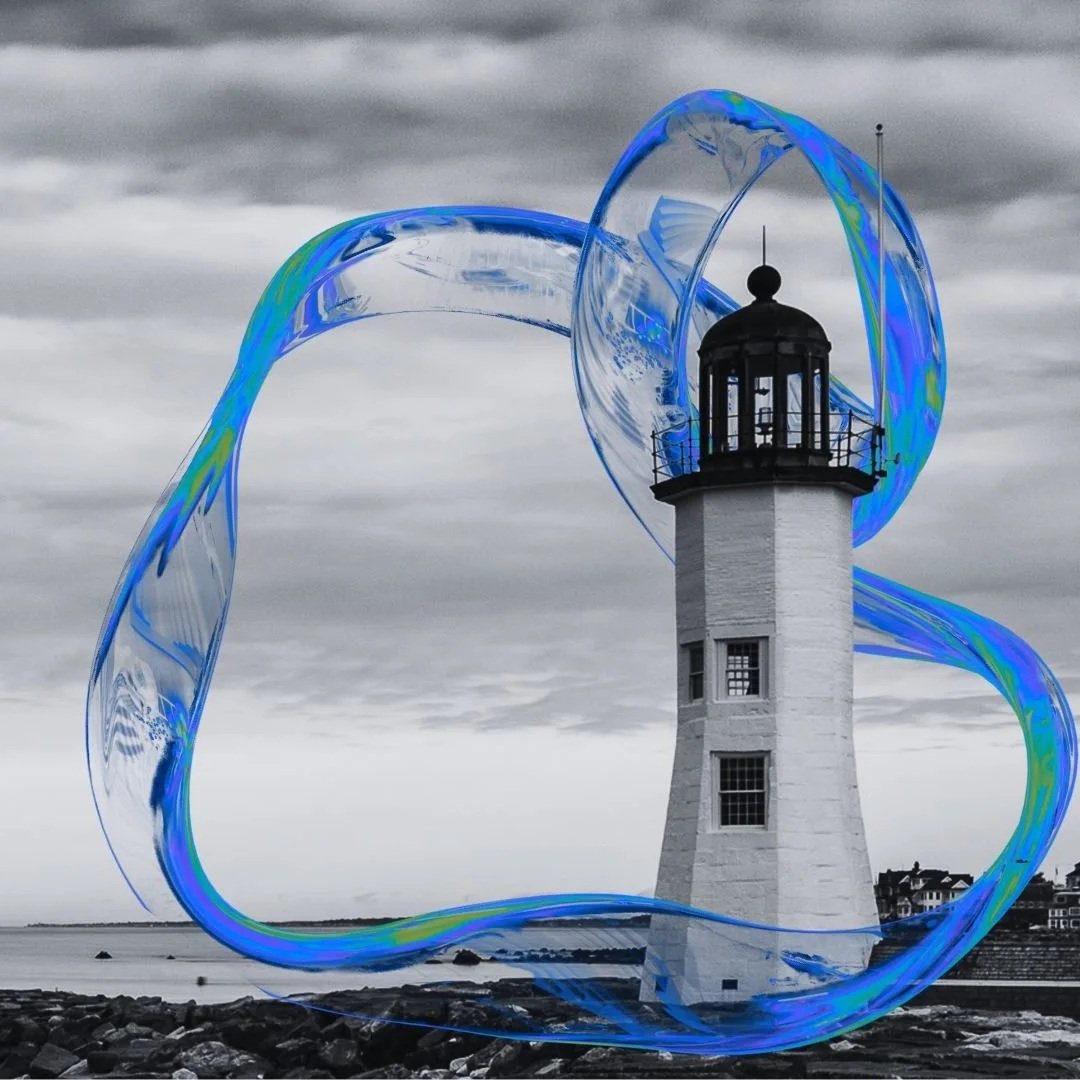 A black and white photo of a lighthouse near water with a large, colorful, swirling abstract design surrounding it.