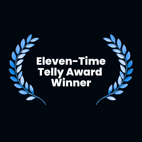A black background with blue laurel branches and white text reading 'Eleven-Time Telly Award Winner'.