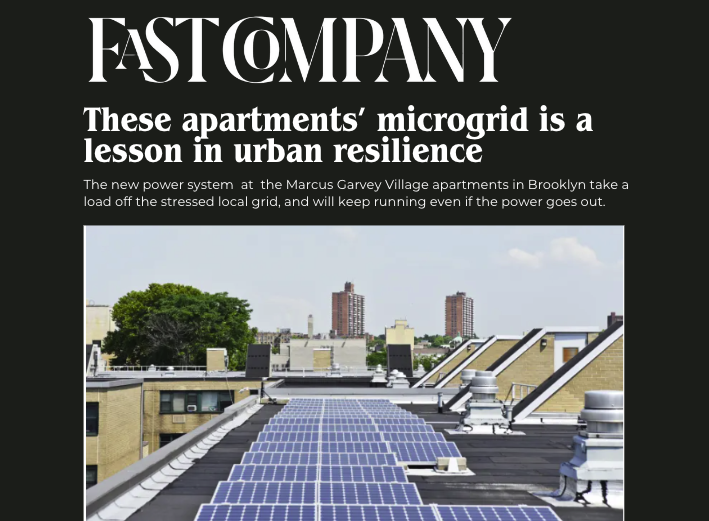 Fast Company article on microgrid in Marcus Garvey Village apartments, Brooklyn, featuring rooftop solar panels.