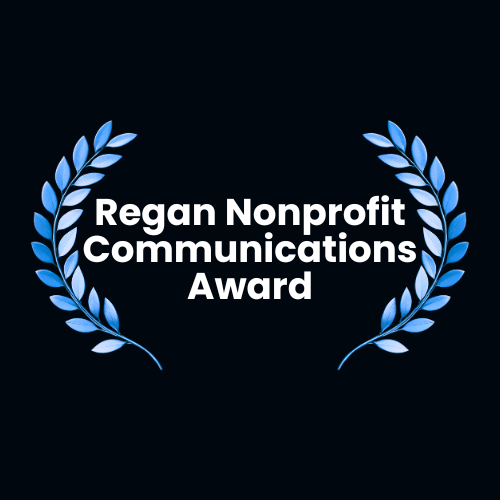 Reagan Nonprofit Communications Award logo with blue laurel leaves on a black background.