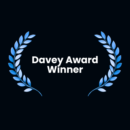 A digital badge with a dark background displaying blue laurel branches and the white text 'Davey Award Winner'