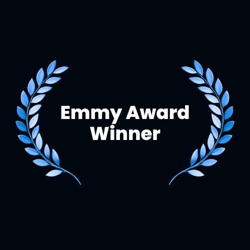 Emmy Award Winner text surrounded by blue laurel branches on a black background.