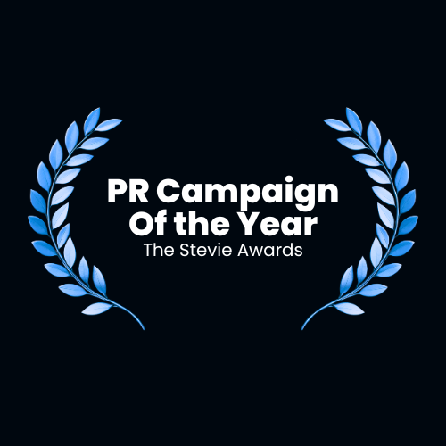 Award graphic for PR Campaign of the Year, featuring blue laurel wreaths and white text on a black background.