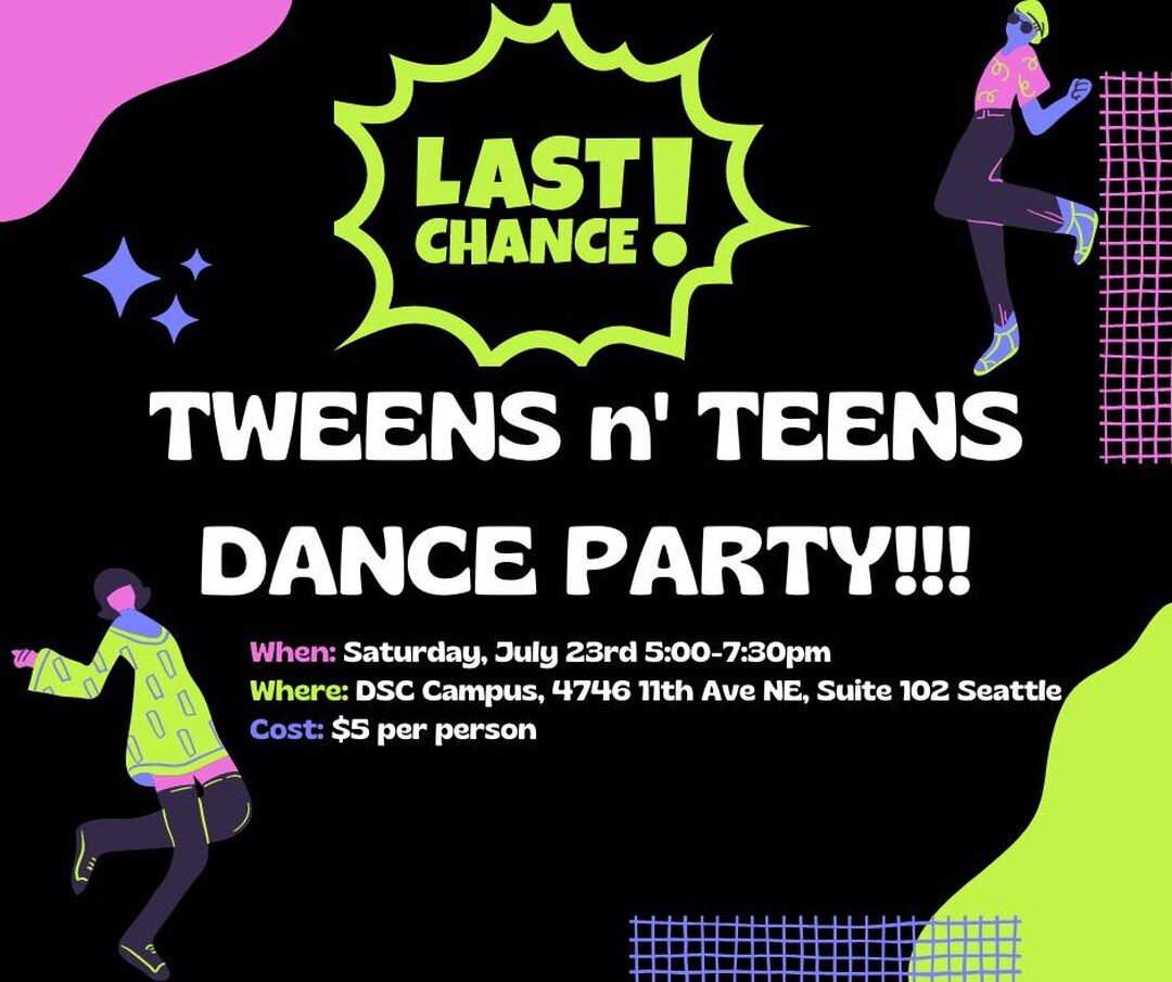 Who's ready to party?! 🤩👯🥳🍕

(Spoiler alert: we are!)

Registration for the Tweens n' Teens Dance Party closes today (7/20). Let us know you're coming! Drinks, pizza, desert, and summer vibes provided. 
---
When: Saturday, July 23rd 

Where: DSC 
