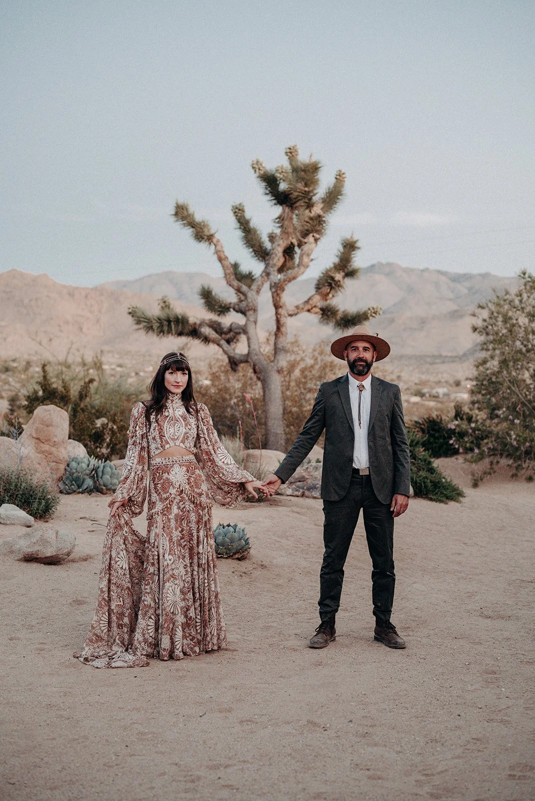 Bride and groom golden hour portrait, Joshua Tree California wedding