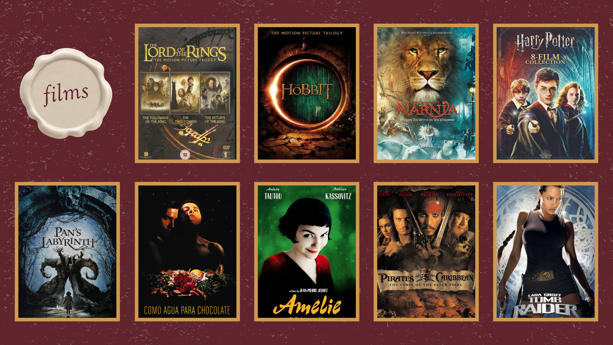 A collection of nine movie posters arranged in two rows. The image features a wax seal labeled "films."