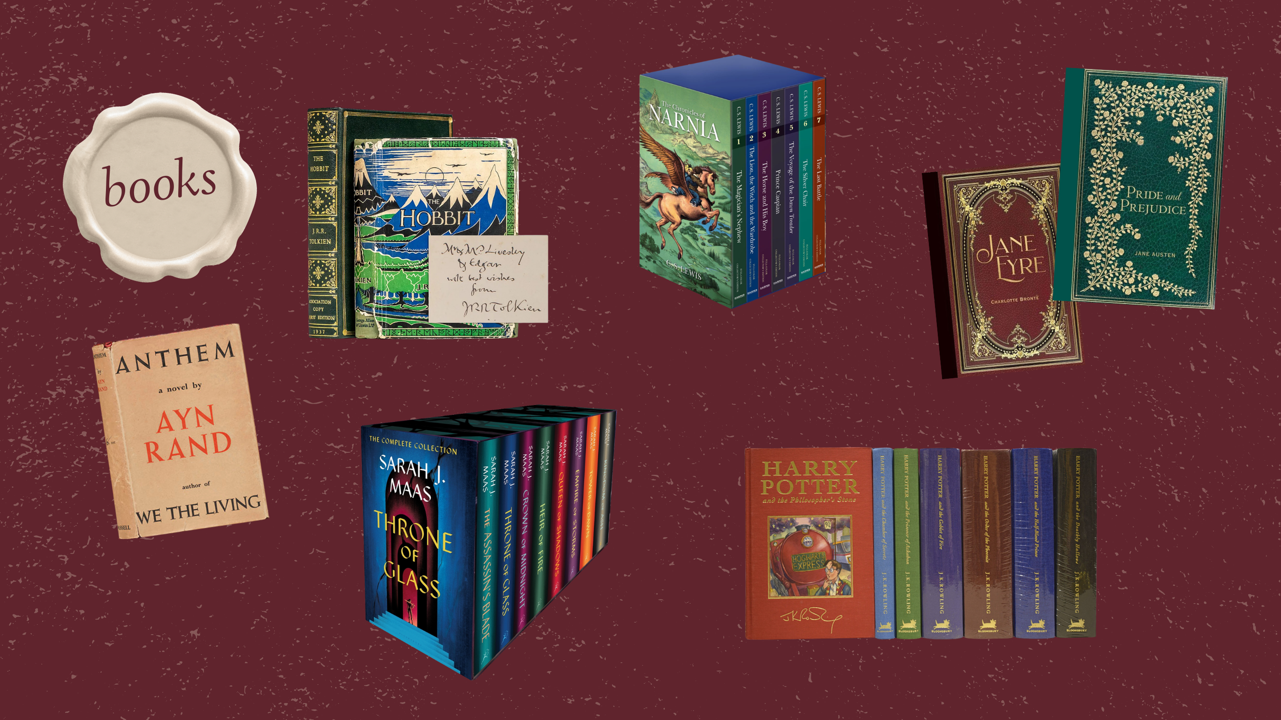 A collection of classic books on a textured, dark red background. The image features a wax seal labeled "books."