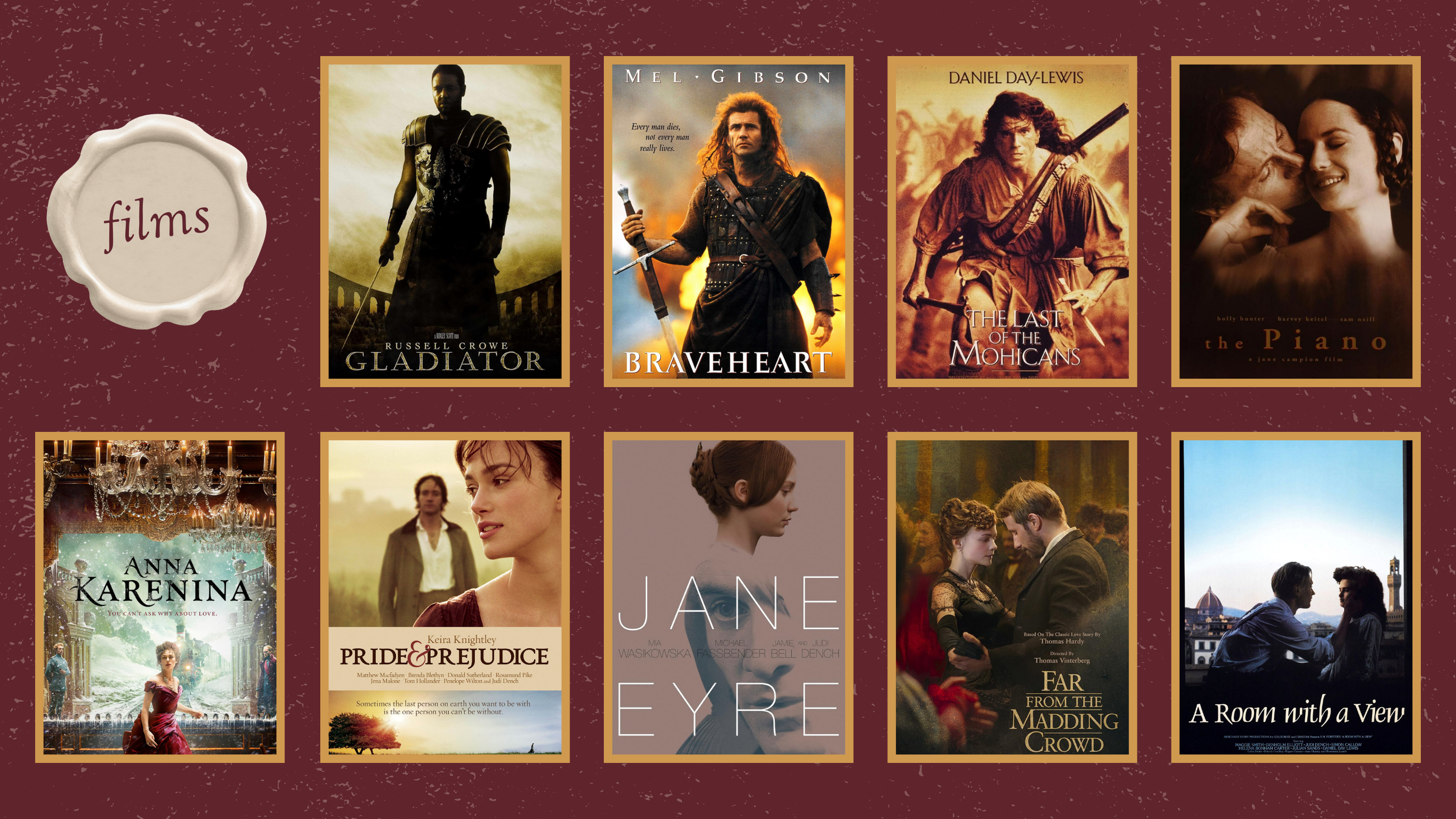 A collection of nine movie posters arranged in two rows. The image features a wax seal labeled "films."