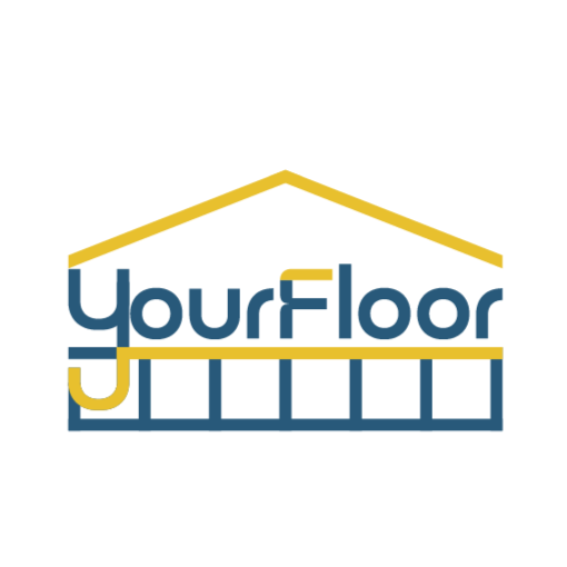 Logo for YourFloor, featuring a stylized house roof and a floor pattern with a yellow and dark blue color scheme.