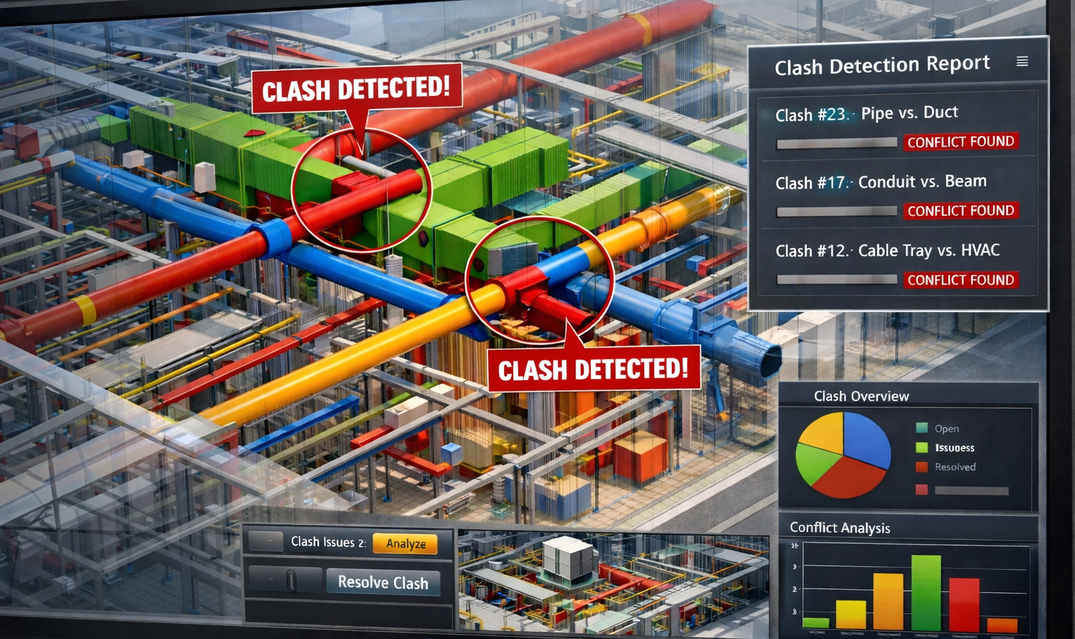 A digital display showing a plumbing system with several colorful pipes and two highlighted areas where clashes are detected, marked with red labels. The display includes a Clash Detection Report listing three conflicts, all marked as 'Conflict Found,' along with overview charts for open issues and conflict analysis. There are control buttons labeled 'Analyze' and 'Resolve Clash' at the bottom.
