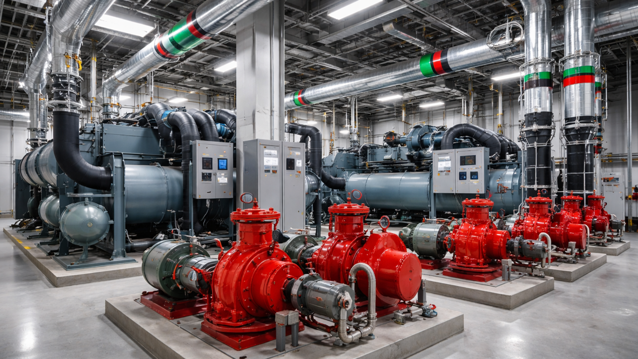 Industrial machinery room with large blue compressors, red fire pumps, black and gray pipes, and control panels, in a clean, well-lit facility.