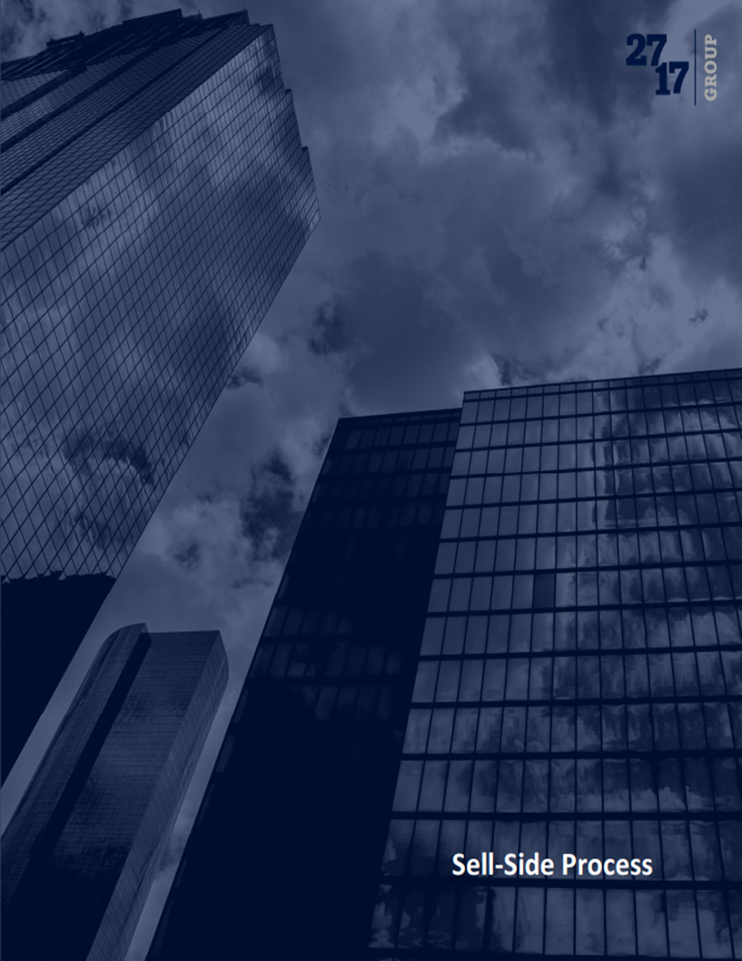 View of tall modern glass skyscrapers reflected in the windows, with a cloudy sky overhead, and the text '27 17 GROUP' and 'Sell-Side Process' at the top right and bottom right corners.