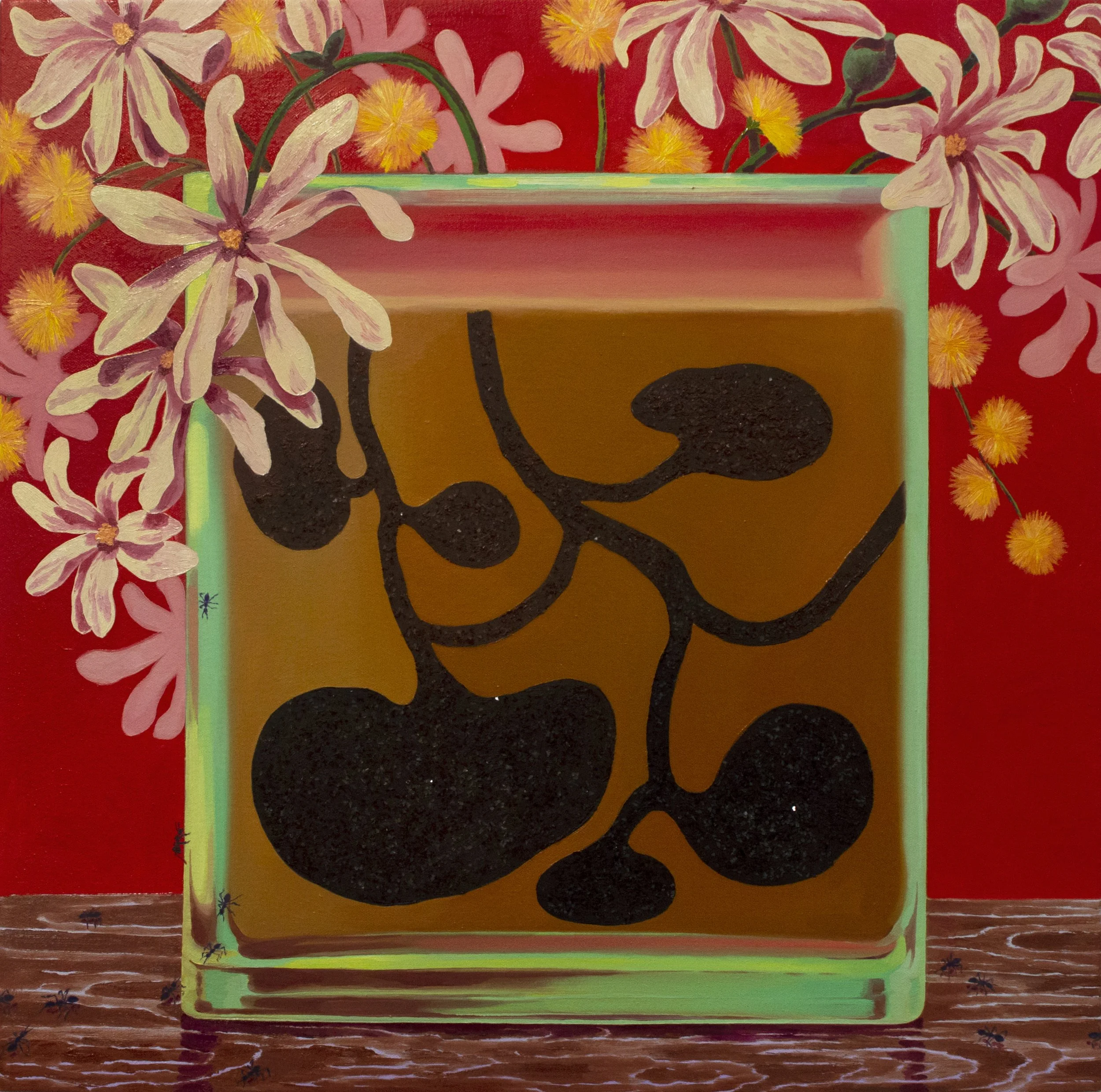 House 
oil, baking soda, and crushed glass on canvas, 21.5 x 21.5 inches, 2026 