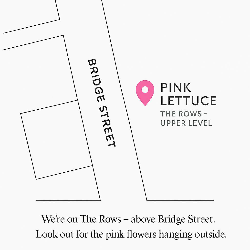 Map showing the location of Pink Lettuce on The Rows above Bridge Street, with pink flowers hanging outside.