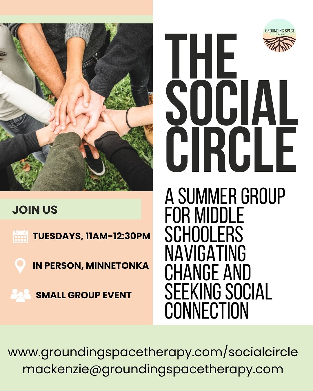 We&rsquo;re excited to launch a ☀️summer group☀️ for middle schoolers to connect with each other IRL in a supportive environment! 

The Social Circle is a process group focusing on managing relationships and transitions in community with peers. Any 1