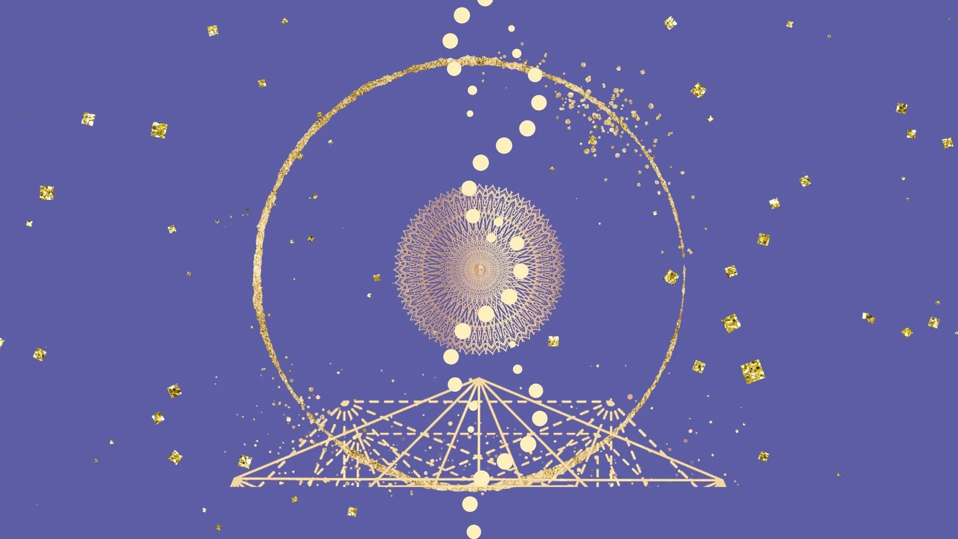 gold mandala with hoop, sparkles and triangles on dark purple background