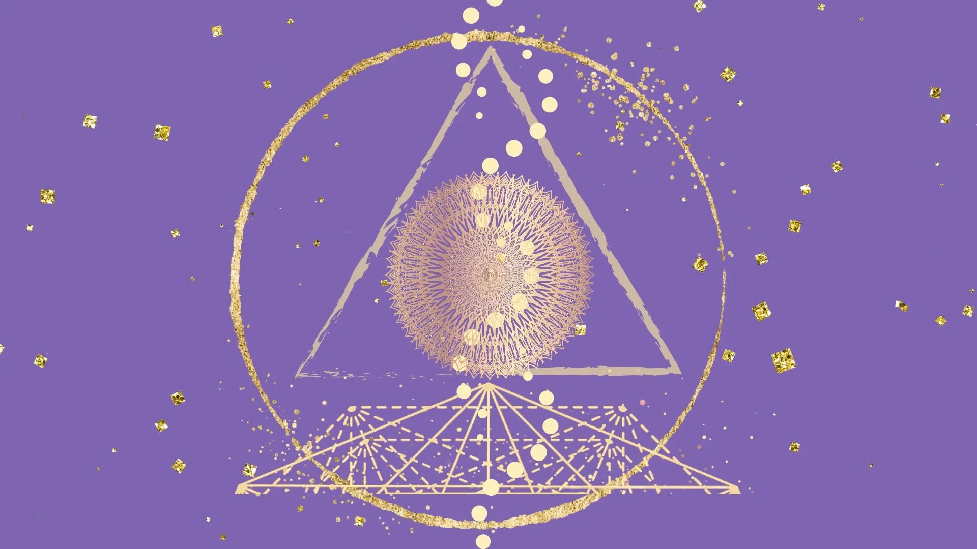 gold mandala with hoop, sparkles and triangles on purple background