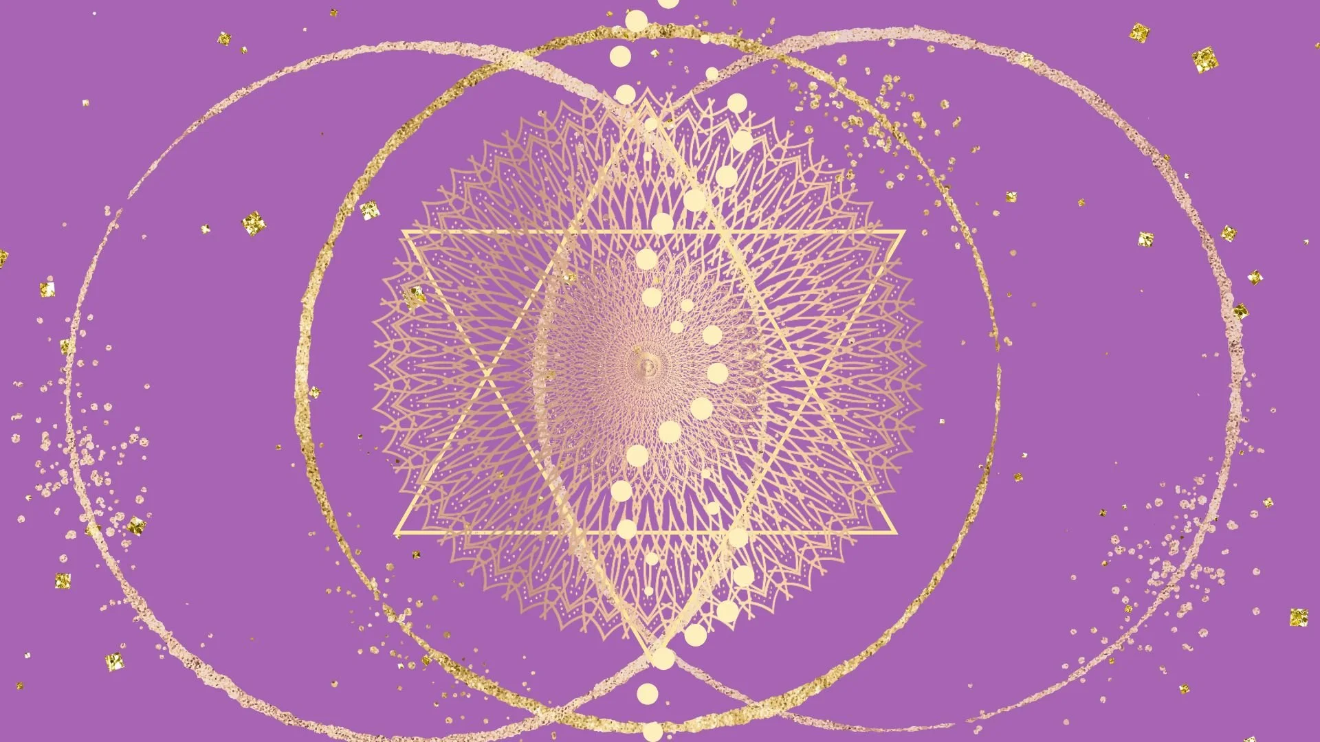 gold mandala with hoop, sparkles and triangles on pinkish-purple background