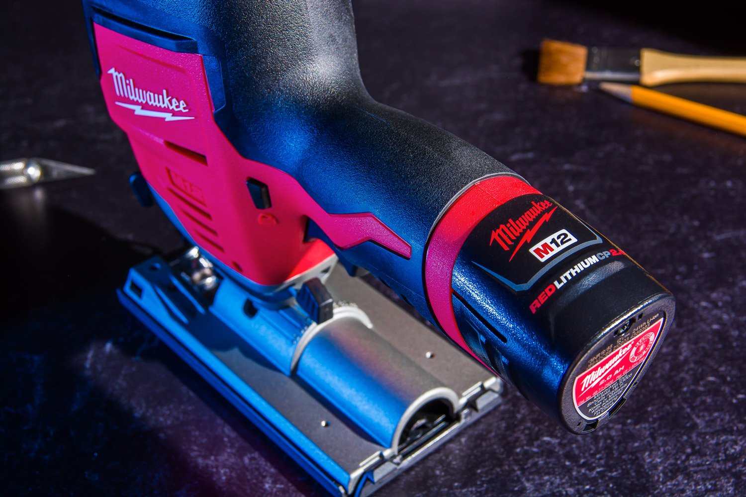 Milwaukee Tools M12™ High Performance Jig Saw in an Artisan Workshop – top-down view 