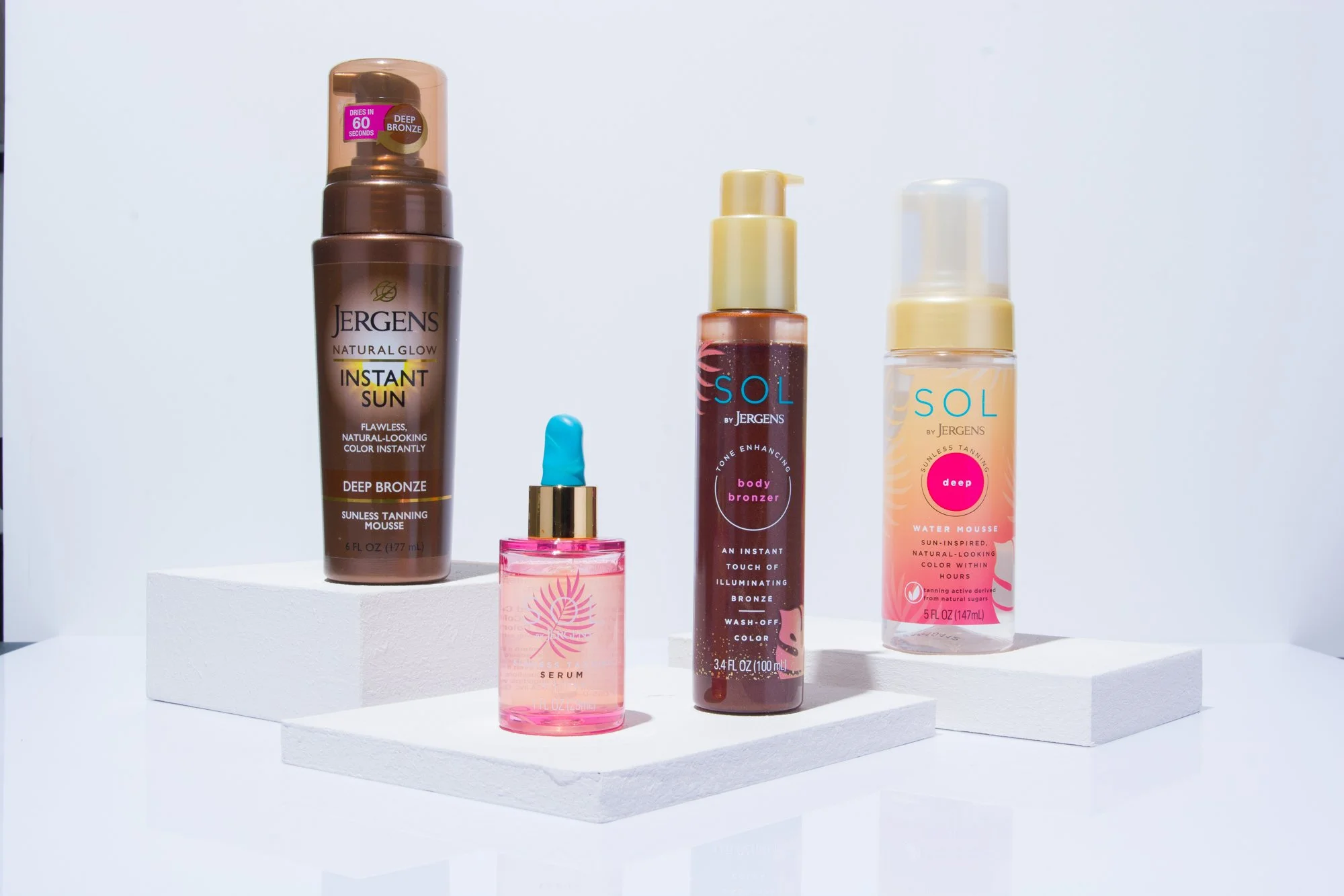 Original Jergens Sunless Tanning group product photo set in minimalist constructed reality set, before adjustments and retouching - 2022