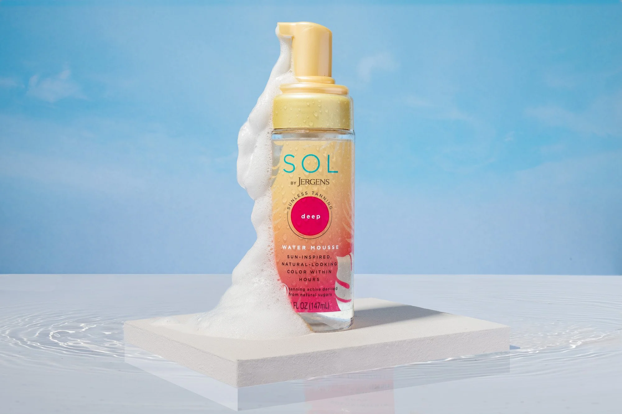 Final Water Mousse photo, reshot in 2025 with real product texture, and AI water and sky effects added