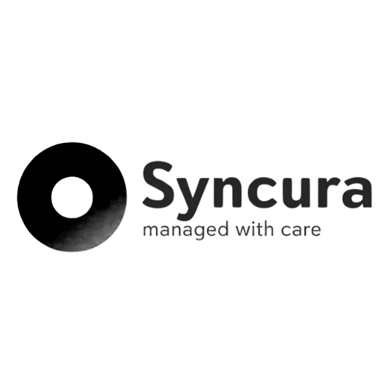 Logo of Syncura with a black circular icon and the text 'Syncura managed with care' in black and gray.